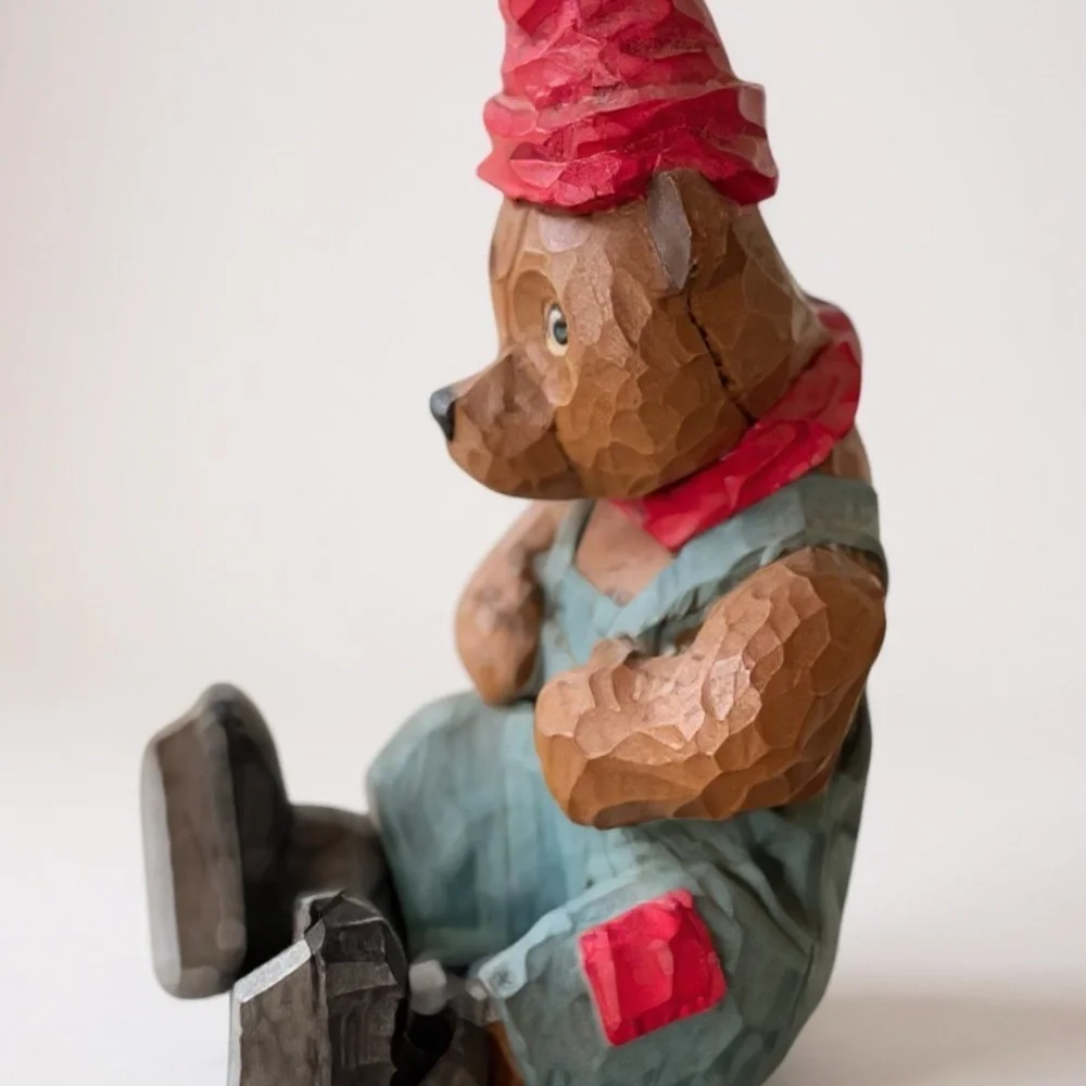 Hand-Carved TJW Wooden Bear Figurine Initials carved AND signed